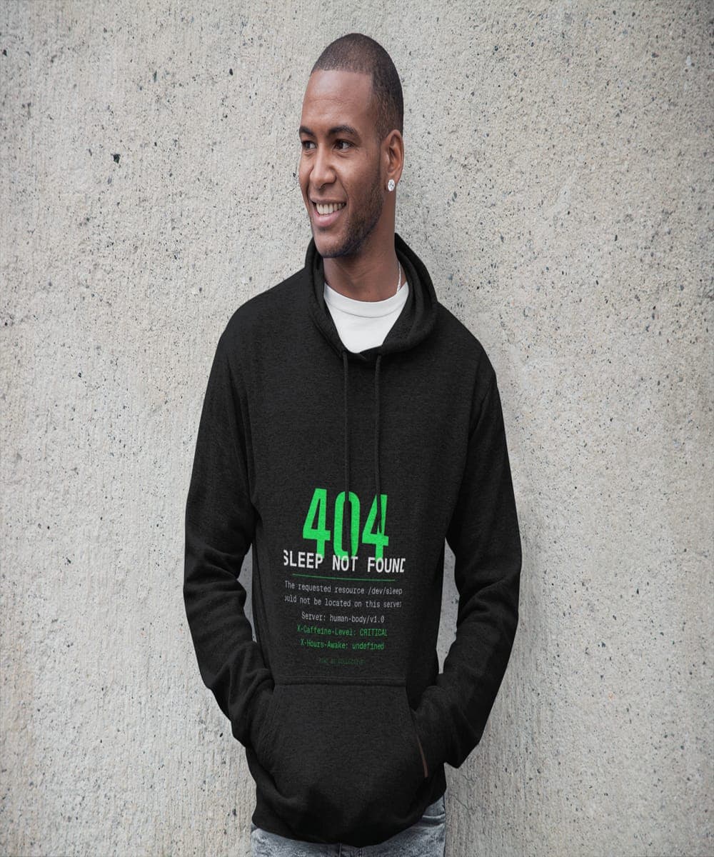 Model in a black hoodie printed with a terminal-error design reading '404 — Sleep Not Found' with server-log lines.