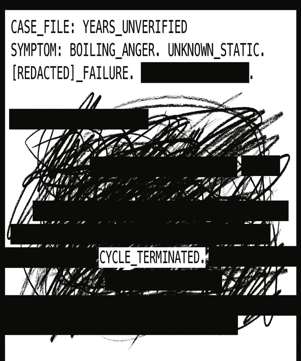 Redacted case-file page with typewriter text, black bars, and crayon scribbles, titled 'Case File: Years Unverified'.