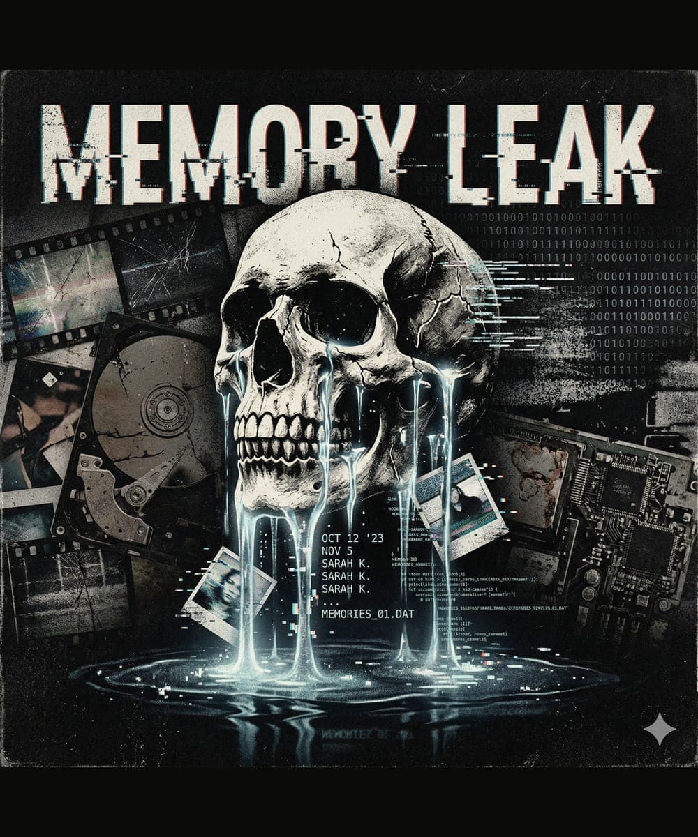 Dark collage of a weeping skull leaking light over hard drives, film strips, and circuit boards, titled 'Memory Leak'.