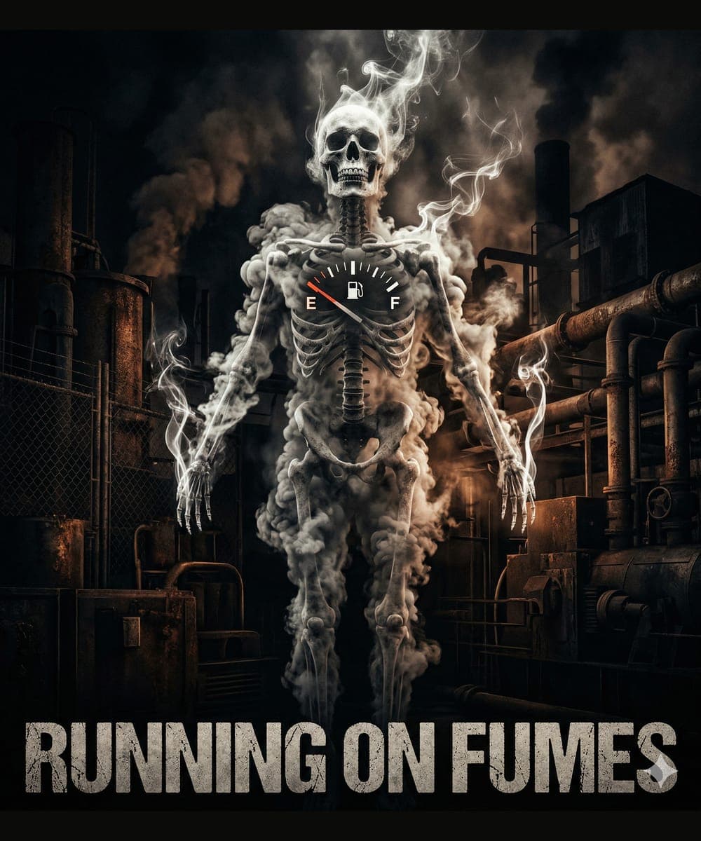 Smoke-formed skeleton beside an empty fuel gauge — category art for the overworked and underheard lane.